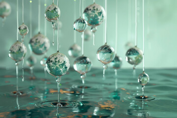 The water droplets that resemble an earthly sphere, colors green, blue, white.