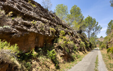 Greenway by bike, Bicycle. Ojos Negros Greenway is 160 km greenway in Spain. Bike track through forests and mountains in Spain. Bike path through mountain range. Road in the mountains.