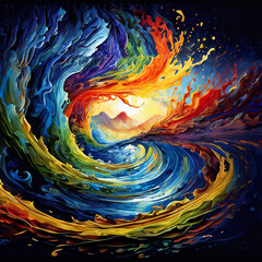 An abstract painting with vibrant colors blending in a dynamic dance