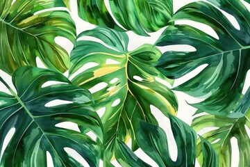 Close-up painting of vibrant green and yellow leaves on a clean white background. Ideal for nature-themed designs or botanical illustrations