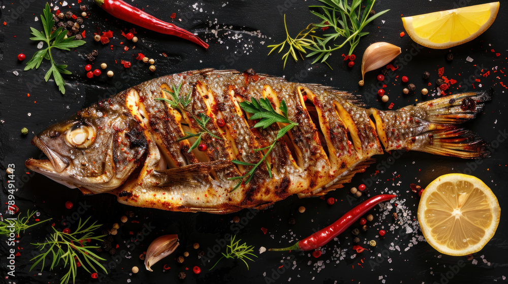 Wall mural grilled fish with herbs and spices on a dark background. food concept for a restaurant or menu desig