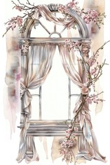 A watercolor painting of a window with curtains and flowers. Suitable for home decor or interior design projects