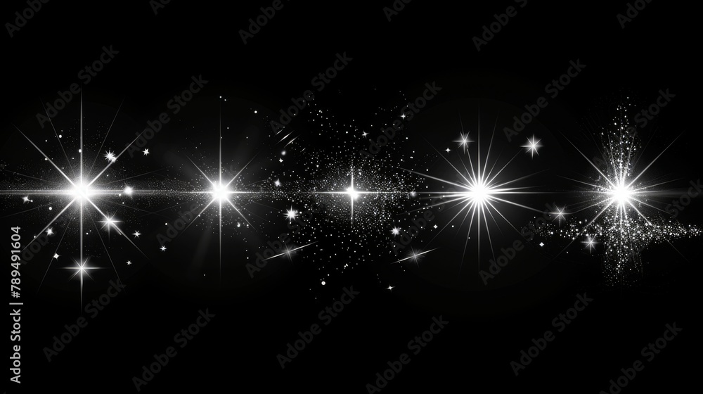 Poster A modern set of glowing light effects stars bursts isolated on black background. Great for illustration templates, banners for Christmas celebrations, flash energy rays...