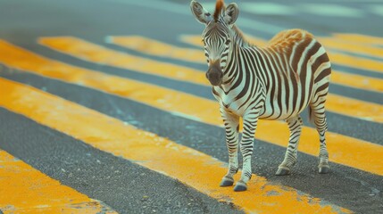 Fototapeta premium A zebra standing in the middle of a crosswalk. Suitable for transportation concepts