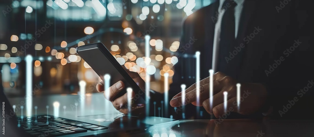 Poster Businessman using mobile smartphone and icon network connection data with growth graph digital marketing.