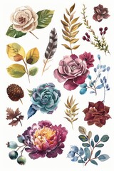 Beautiful watercolor collection of flowers and leaves. Perfect for various design projects