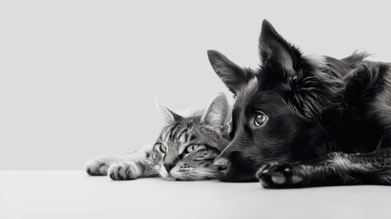 A classic black and white photo of a cat and a dog. Suitable for various pet-related projects