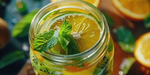 A jar of lemonade with a slice of lemon and mint. Perfect for summer beverage concepts