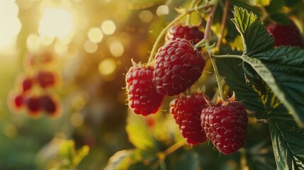 Fresh raspberries hanging from a tree, perfect for food or nature themes