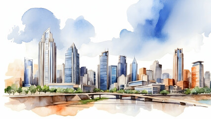 Vibrant Watercolor Illustration of Urban Fusion Reflecting Business Confluence and Architectural Beauty