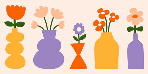 Modern floral flat vector illustration set. Cutout style flowers in vases. Botanical cute simple clipart