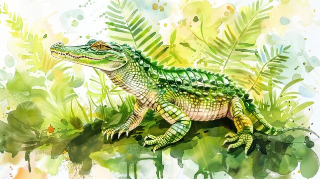 Realistic watercolor painting of an alligator in the grass. Perfect for nature lovers and wildlife enthusiasts