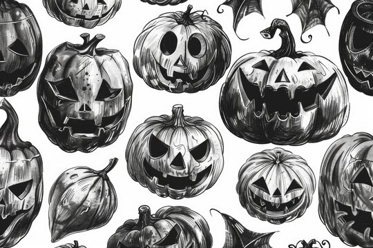 A collection of pumpkins depicted in black and white. Suitable for Halloween decorations