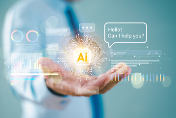 AI, artificial intelligence generate or analytics software computer website.  Businessman use expert technology AI help business. Chat bot, Chat AI analysis CRM code. Big data tech tool background . - obrazy, fototapety, plakaty