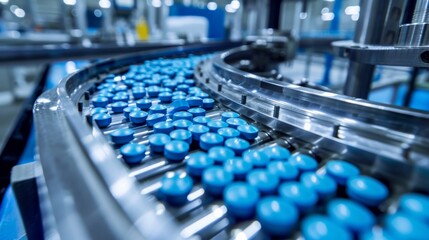 Blue capsule production, pharmaceutical factory, tablet and pills manufacturing process on conveyor - obrazy, fototapety, plakaty