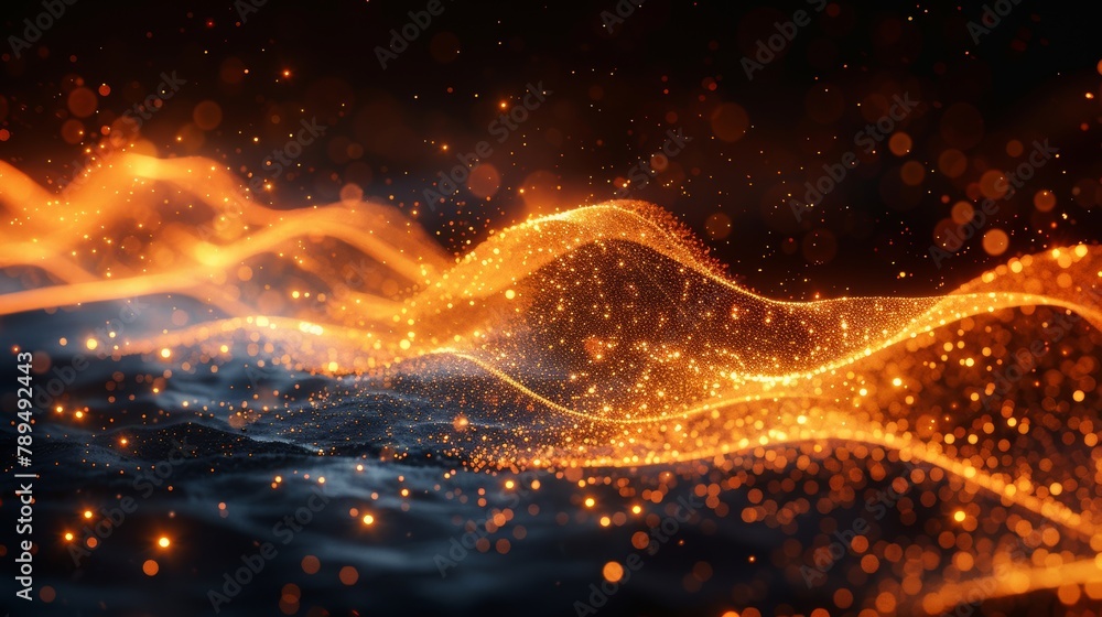 Poster illustration of golden abstract transparent light effect on black background. light lines and sparcl