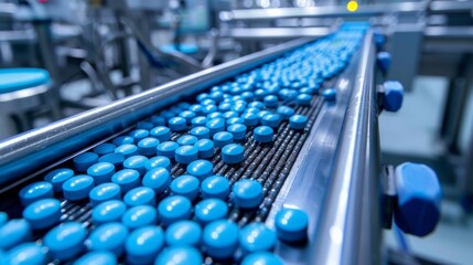 Blue capsule production, pharmaceutical factory, tablet and pills manufacturing process on conveyor