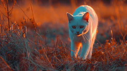 AI Generated Alert white cat, walking in the field on a spring day with neon color Photo