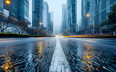 Wet asphalt road close-up. Wet street with blurred buildings in background.