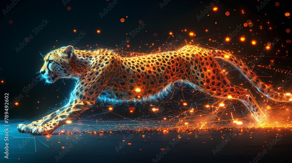 Poster cheetah in motion. modern mesh spheres from flying debris. guepard jumping polygonal thin line conce