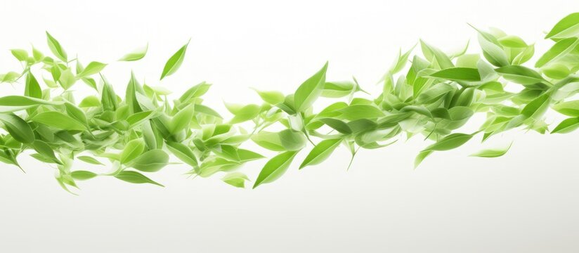 green tea leaves falling abstract background on white background