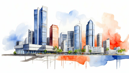 Watercolor Hand Drawing Urban Blueprint: City Structure Aligns with Business Goals for Exposure in Construction Concept Photography