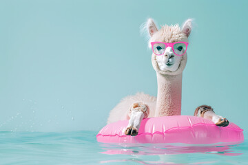 Obraz premium Cute alpaca with swim floating ring for summer vacation on color background with space for text.