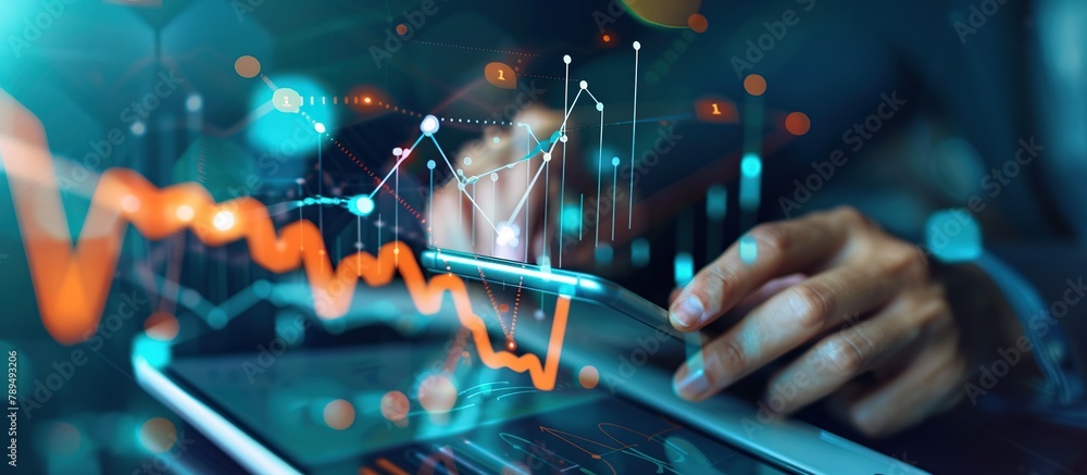 Poster Close up Businessman using mobile smartphone and icon network connection data analysis and planning of business.
