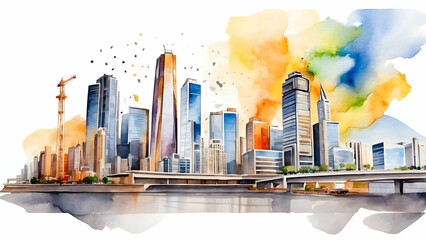 Vibrant Watercolor Urban Enterprise: Capturing the Ambition and Innovation of Business in the Urban Landscape - Construction Concept