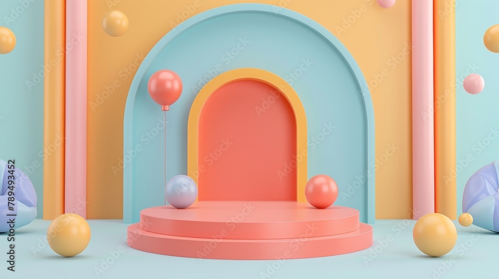 Aufkleber 3D rendering of podium and abstract geometric with empty space for kids or babies.