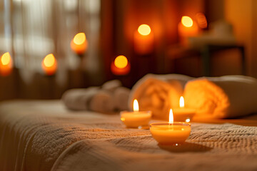 Burning candles aroma on table in spa room.