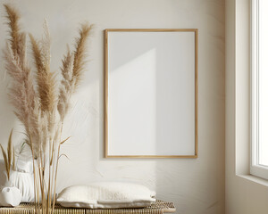Wooden vertical frame for wall art mockups. Modern boho entryway interior with beige dried plants.
