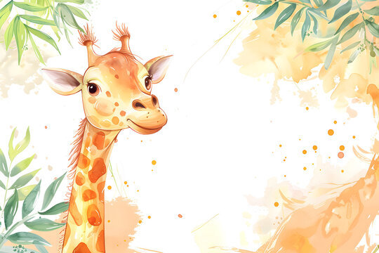 Cute cartoon giraffe border on background in watercolor style.