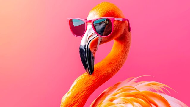 A flamingo with sunglasses on a pink background with copy space.