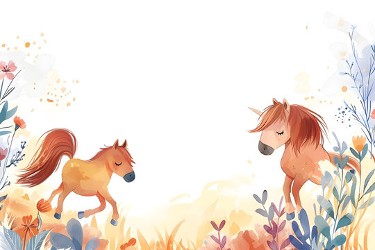 Cute cartoon horse border on background in watercolor style.