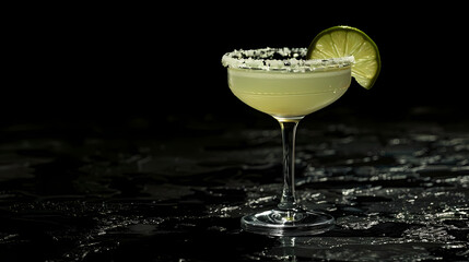 Classic Margarita Cocktail With Lime Wedge on a Black Background - obrazy, fototapety, plakaty