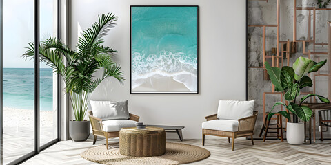 Modern living room with furniture and framed ocean wall art and tropical plants. Beach house interior.