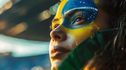 Portrait of a beautiful woman with her face painted with the flag of Brazil. concept olympic games,...