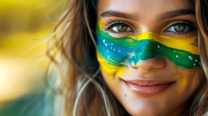 Portrait of a beautiful woman with her face painted with the flag of Brazil. Olympic Games concept, world sporting event, festival, concert, woman, stadium, painting, artist, Latina, Brazil