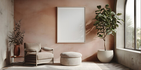 Vertical frame for wall art mockups. Modern living room with chair, potted plants, and neutral terracotta wall.