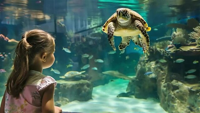 little girl at aquarium watching sea turtle swimming in tank curious child having fun watching fish swimming kid looking at marine life in oceanarium aquatic habitat