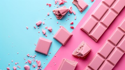 pink chocolate on pink and blue background