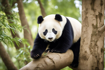 Fototapeta premium climbing tree Giant panda wood forest travel zoo species orient chinese holiday maker east black special jungle nature climb big asian park cute endangered eating fat wildlife