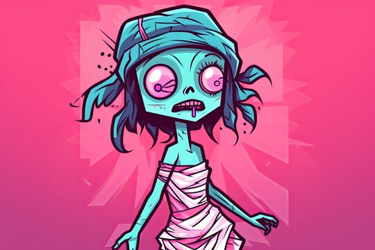 A cartoon illustration of a cute, but spooky, zombie girl with blue hair and pink skin.