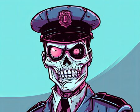 A cartoon illustration of a police officer zombie with glowing pink eyes and a badge that says "666". The background is light blue and the foreground is dark blue.