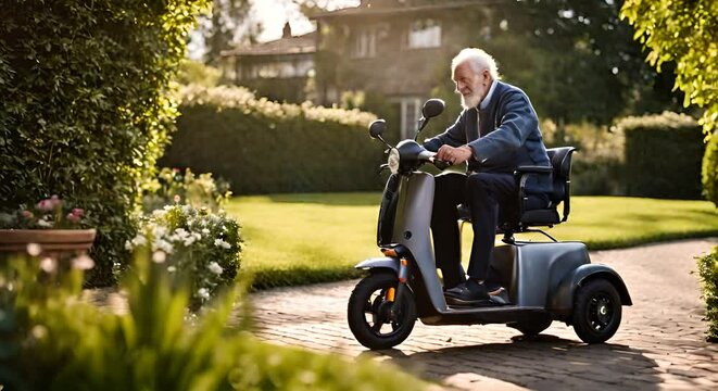 Senior man riding an electric scooter.