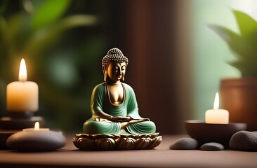Photo a Buddha statue in a meditation pose with a lit candle next to it. Buddha and meditation for printing on a banner, yoga studio.