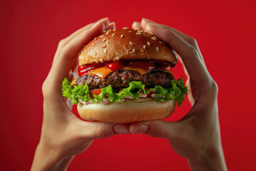 hands holding burger on red background. fast food concept for advertising and menu design restaurant