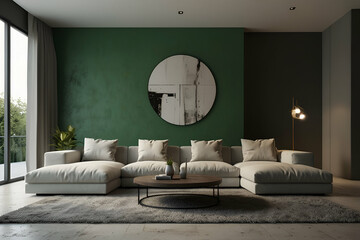 Interior of living room with green houseplants and sofas. Genrative.ai 
