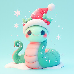 2025 Christmas 3D cartoon snake wearing a red hat and a white snowflake on its head. The snake is smiling and he is happy